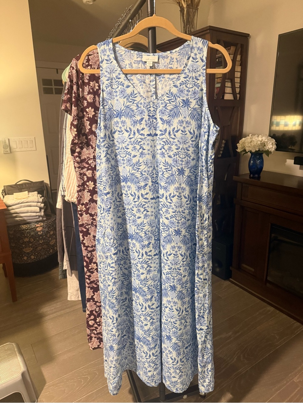 J. Jill Blue and White Linen Floral Sleeveless Maxi Dress